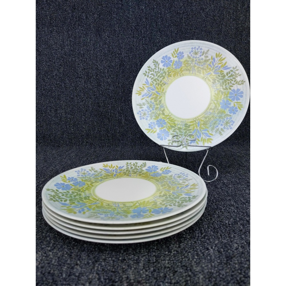 Genuine Melamine Floral Dinner Plates 9.5" Blue Green Vintage Set of 6 USA